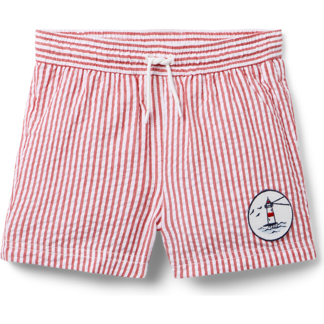 Recycled Striped Seersucker Swim Trunk, Red