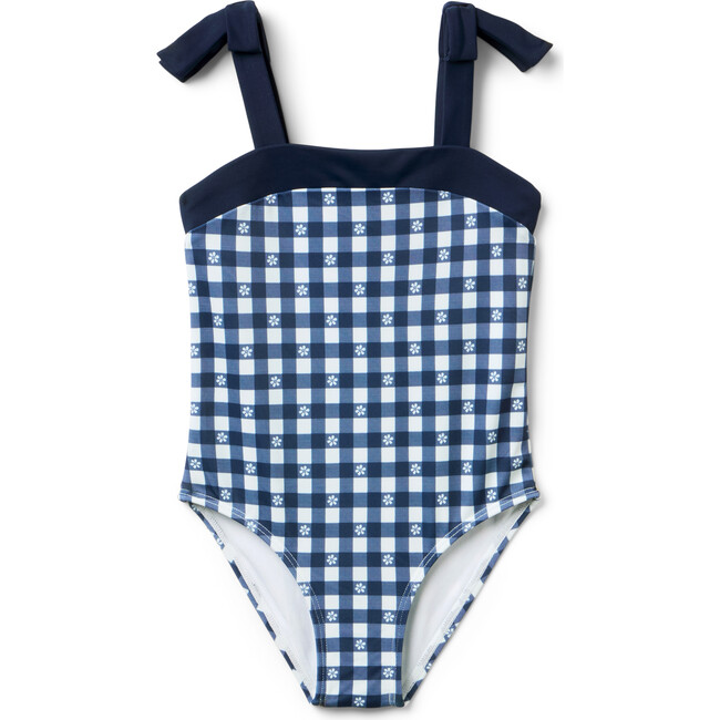 Recycled Gingham Bow Strap Swimsuit, Navy Blue