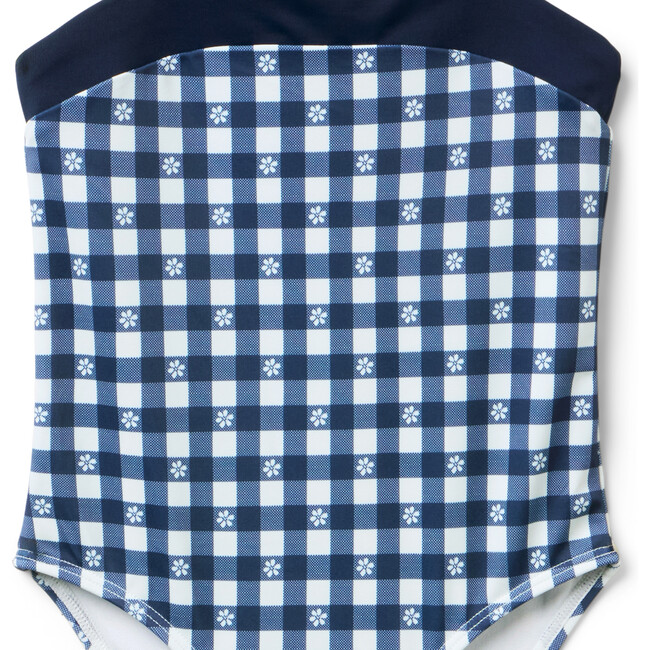 Recycled Gingham Bow Strap Swimsuit, Navy Blue