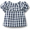 Gingham Ruffle Top, Navy Blue - Blouses - 1 - thumbnail