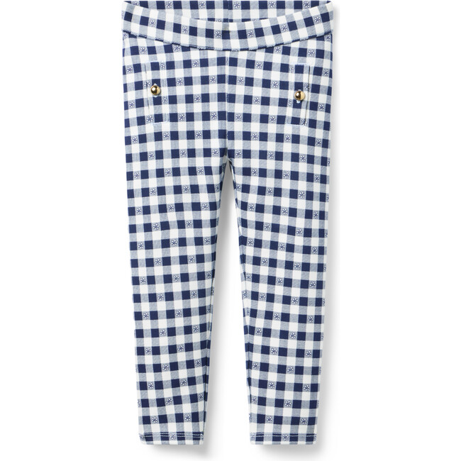 Gingham Button Ponte Pant, Navy Blue