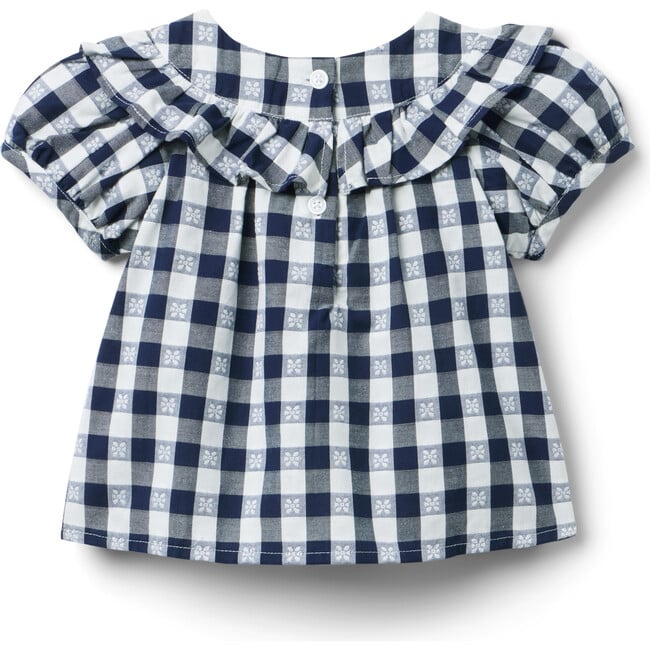 Gingham Ruffle Top, Navy Blue - Blouses - 3