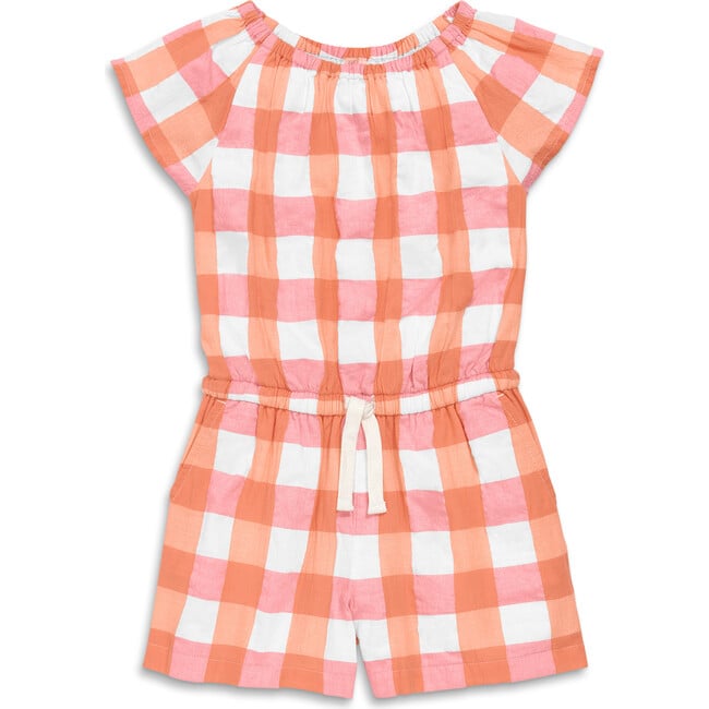 Kids Drawstring Romper In Gingham, Guava Goldfish Gingham - Rompers - 1