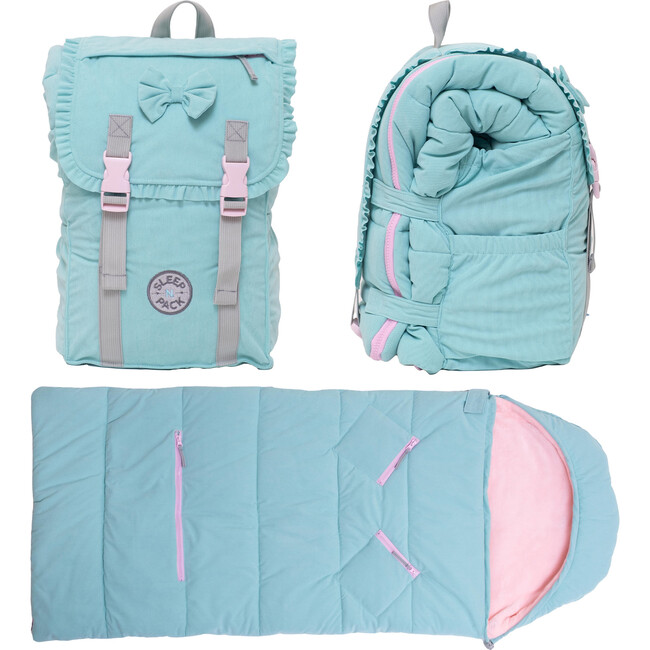 Sleep-N-Pack™ Little Kid  Size Sleeping Bag Backpack,Bows & Ruffles Tanager Turquoise Corduroy