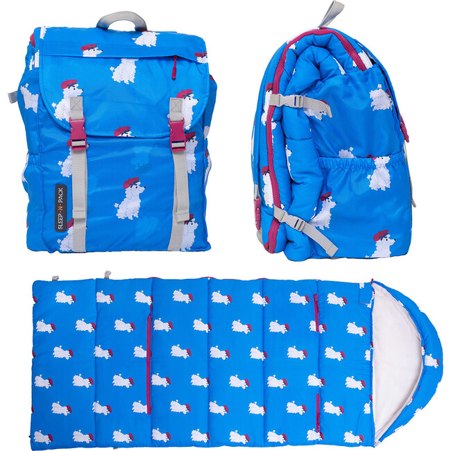 Sleep-N-Pack™ Big Kid Sleeping Bag Backpack, French Poodle Print in Brilliant Blue