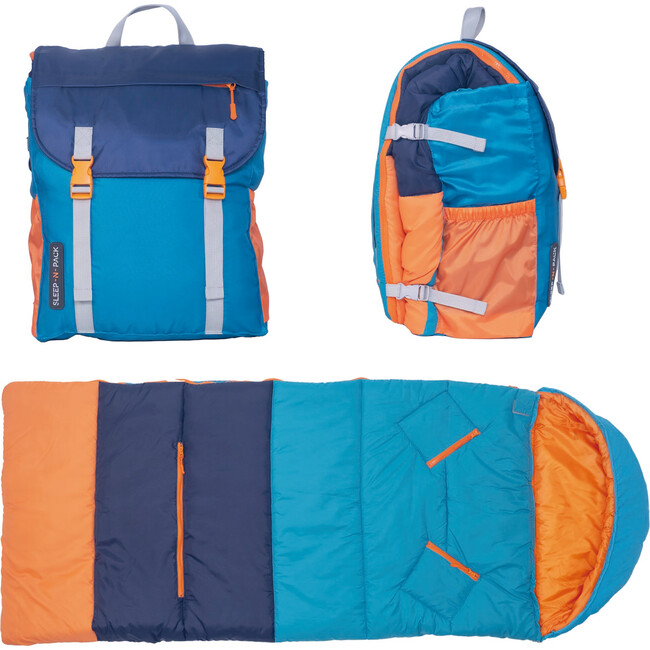 Sleep-N-Pack™ Big Kid Size Sleeping Bag Backpack ,Color Block Camp Collection: Enamel Blue, Persimmon & Navy Blue