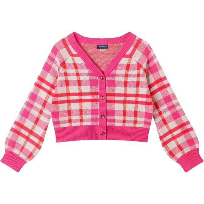 Big Kids Cardigan, Pink Plaid