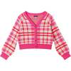 Big Kids Cardigan, Pink Plaid - Sweaters - 1 - thumbnail