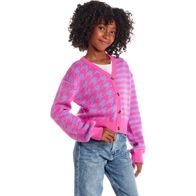 Big Kids Stripe Cardigan, Pink Houndstooth - Sweaters - 2