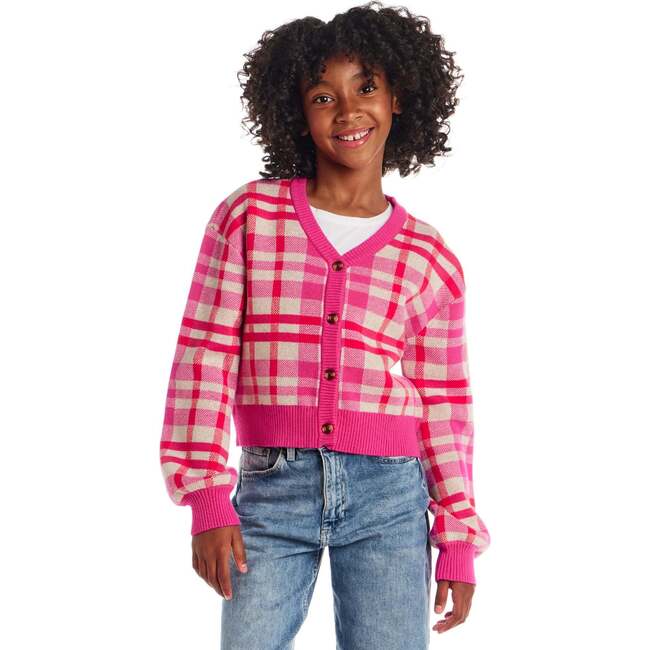 Big Kids Cardigan, Pink Plaid
