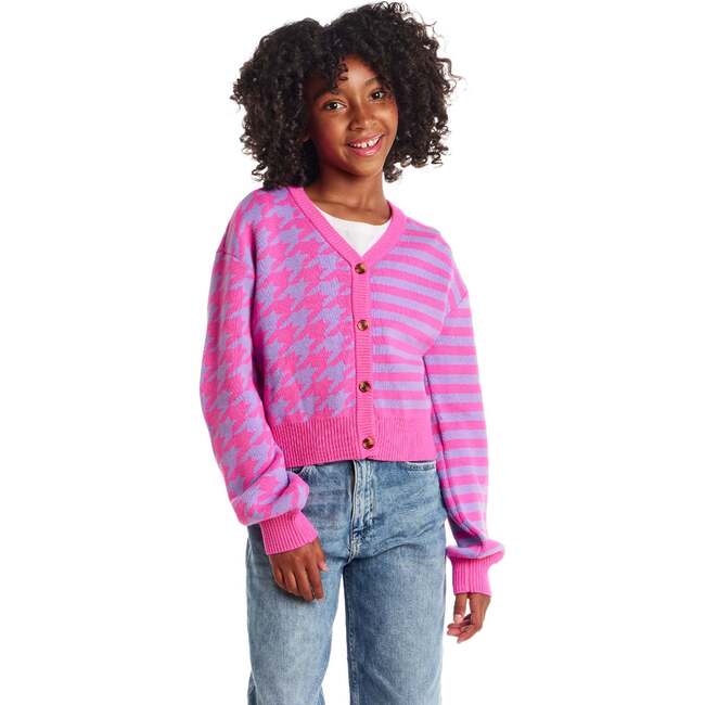 Big Kids Stripe Cardigan, Pink Houndstooth - Sweaters - 4