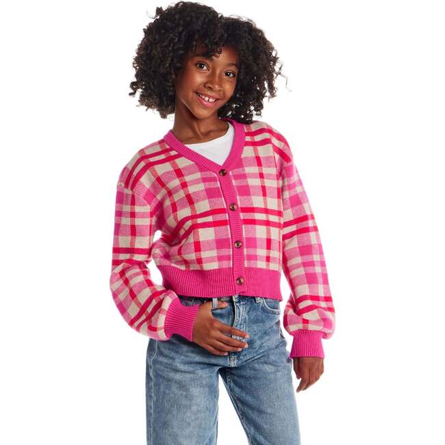 Big Kids Cardigan, Pink Plaid - Sweaters - 4