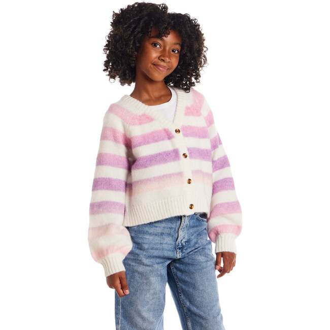 Big Kids Stripe Cardigan, Oatmeal Lavendar - Sweaters - 4
