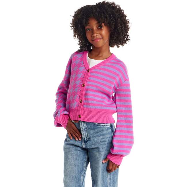 Big Kids Stripe Cardigan, Pink Houndstooth - Sweaters - 5