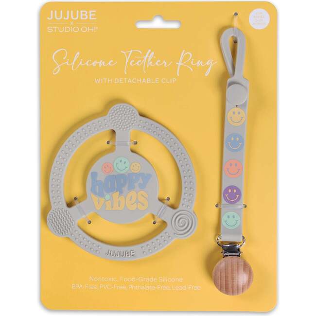 JuJuBe × Studio Oh! Silicone Teether Ring With Detachable Clip, Happy Baby Vibes