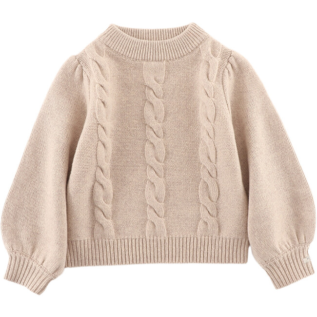 Niena Merino Wool Braided Knit Bishop Sleeve Sweater, Lavender Brown