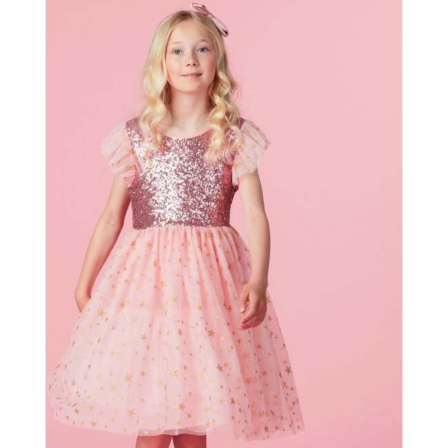 Shimmer Sequin & Petite Gold Star Tulle Girls Party Dress, Pink - Dresses - 2