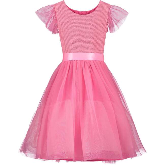 Confetti Embroidered Smocked Tulle Girls Party Dress, Candy Pink - Dresses - 1
