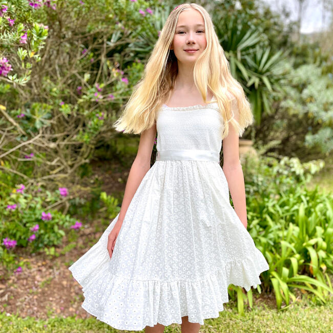 Ava Smocked Embroidered Cotton Girls Occasion Dress, White