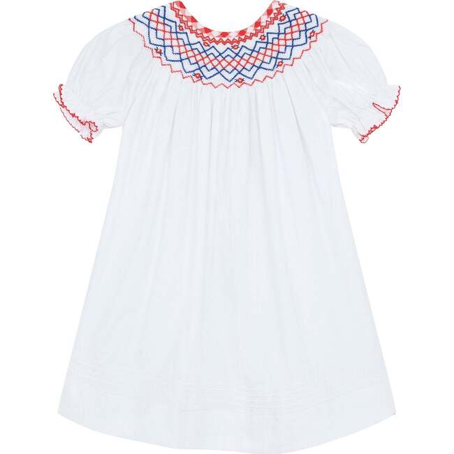 Little Princess Ella Hand Smocked Embroidered Cotton Girls Dress, Red, White & Blue - Dresses - 1