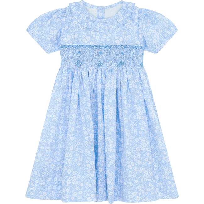 Little Princess Alice Hand Smocked Embroidered Floral Cotton Baby Dress, Blue - Dresses - 1