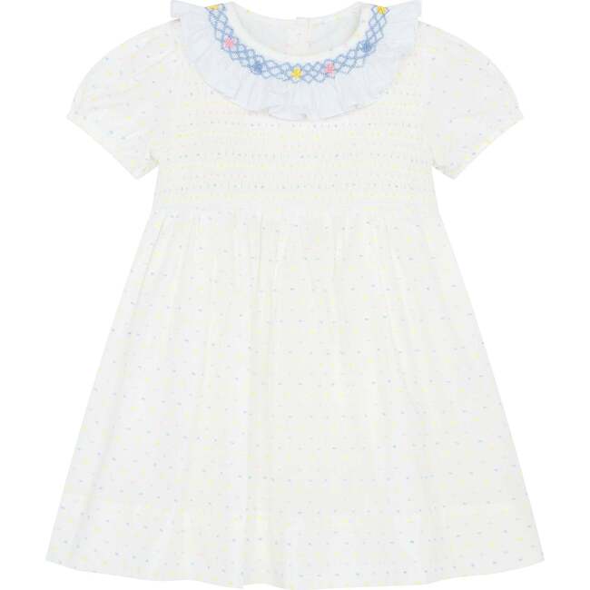 Little Princess Anne Hand Smocked Embroidered Dot Cotton Girls Dress, White & Pink - Dresses - 1