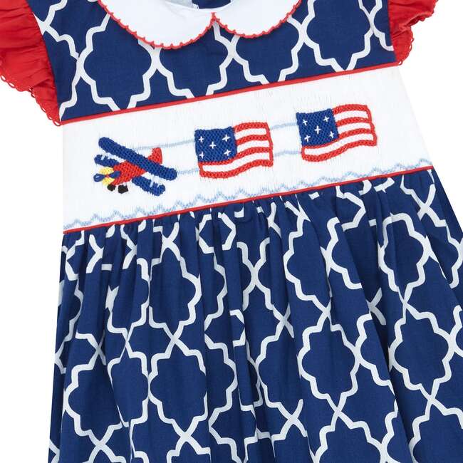Little Princess Aurora Hand Smocked Embroidered Flags Cotton Girls Dress, Red, White & Blue - Dresses - 3