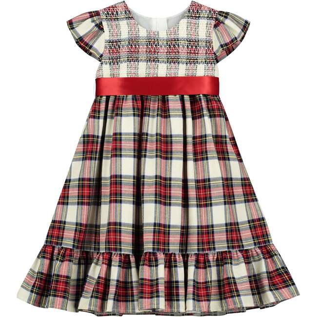 Poppy Smocked Plaid Tartan Baby Party Dress, White - Dresses - 1