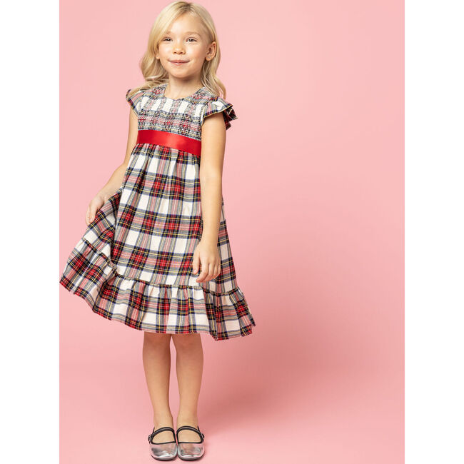 Poppy Smocked Plaid Tartan Girls Party Dress, White - Dresses - 2