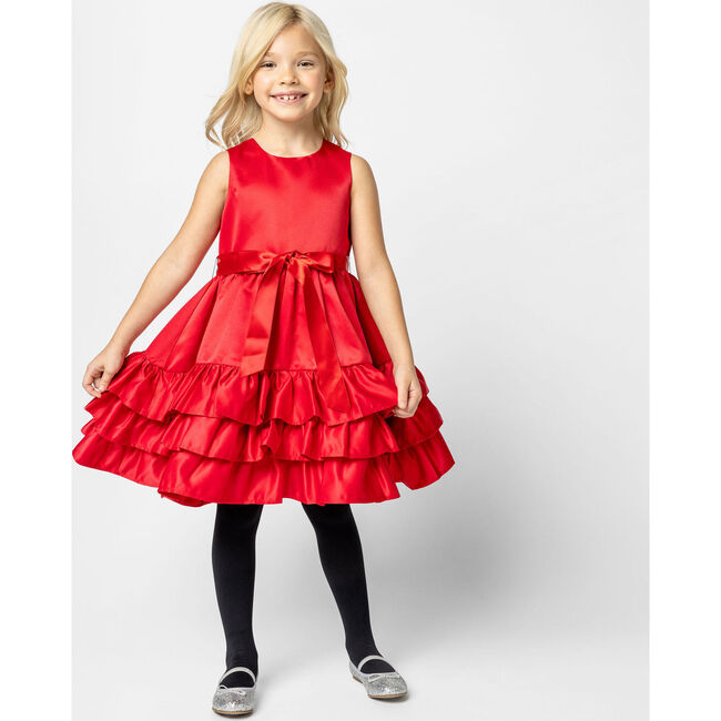 Arabella Frill Satin Baby Party Dress, Red - Dresses - 2