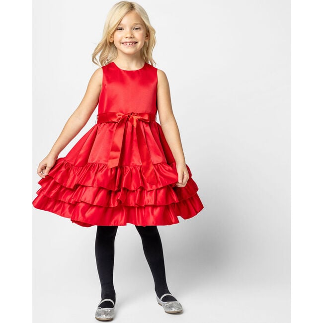 Arabella Frill Satin Girls Party Dress, Red - Dresses - 2