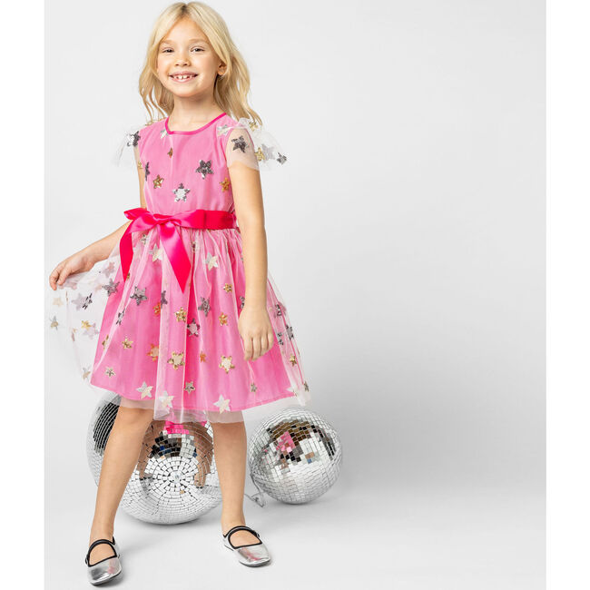 Aster Sequin Star Tulle Girls Party Dress, Pink - Dresses - 6
