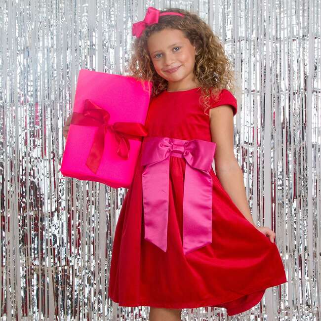 Rosie Velvet & Satin Bow Girls Party Dress, Red & Pink - Dresses - 4