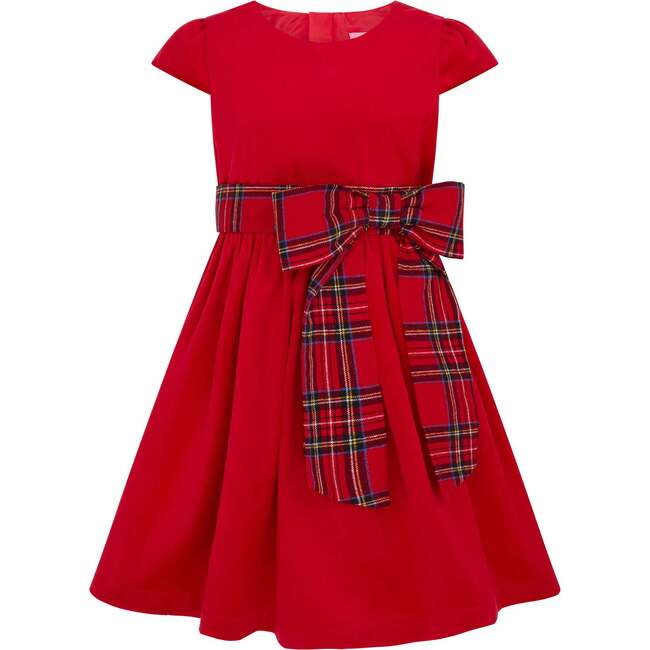Ailsa Velvet & Plaid Bow Girls Party Dress, Red - Dresses - 1