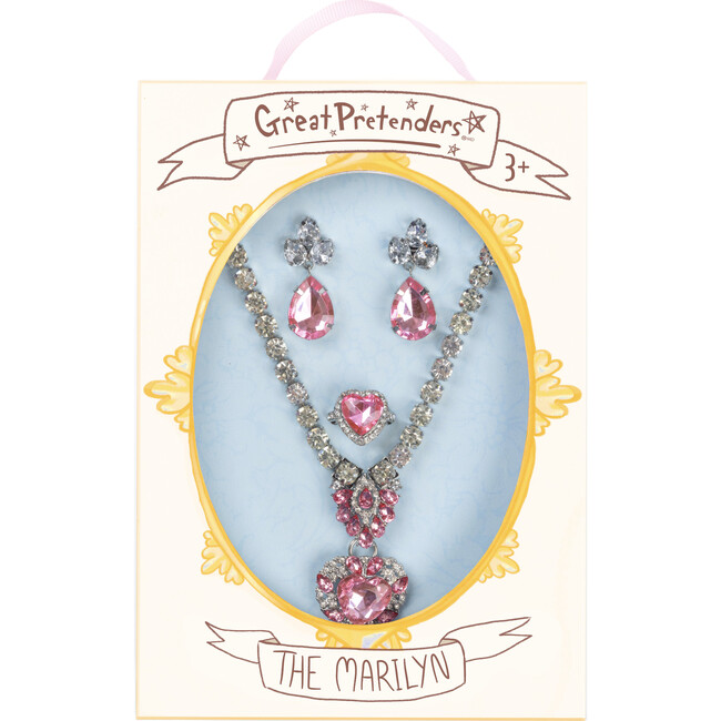 Great Pretenders The Marilyn, Pink and Silver, 4pc Necklace, Ring, and Clip On Earrings Set