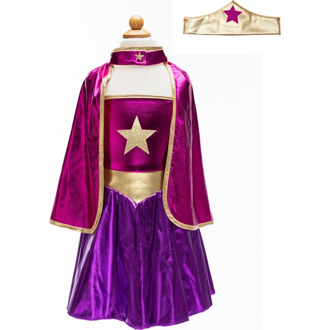 Great Pretenders Superhero Star Dress, Cape and Headpiece, Magenta and Purple, Size 5-6