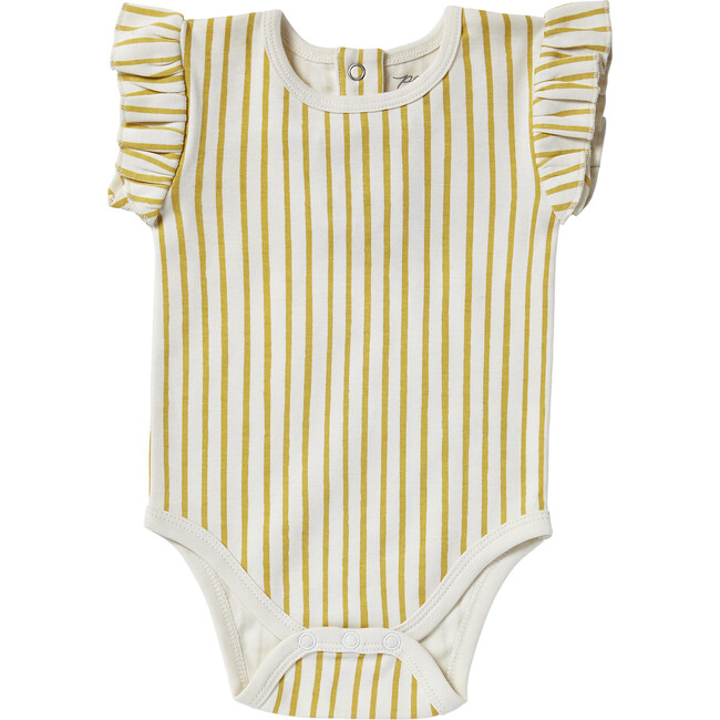 Organic Stripes Away Short Sleeve Ruffle One-Piece, Marigold - Rompers - 1