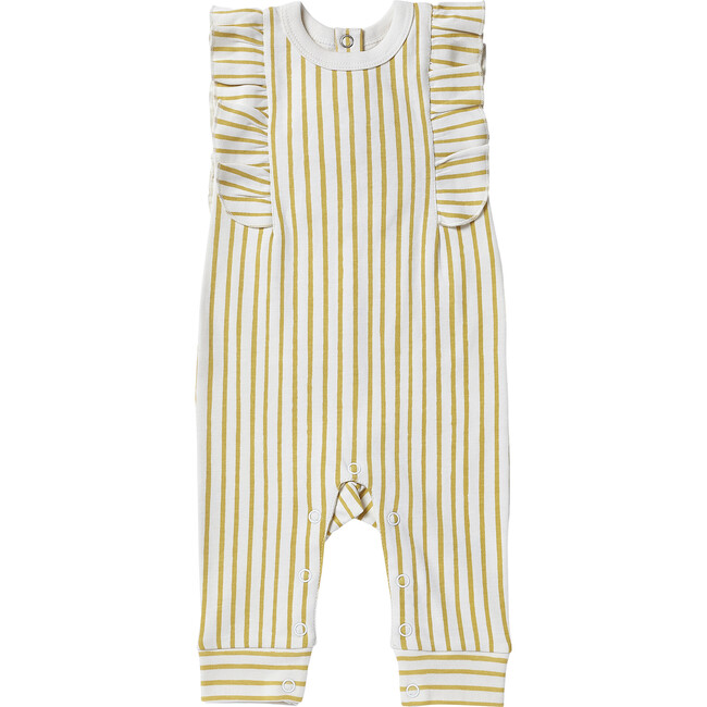 Organic Stripes Away Short Sleeve Ruffle Romper, Marigold - Rompers - 1