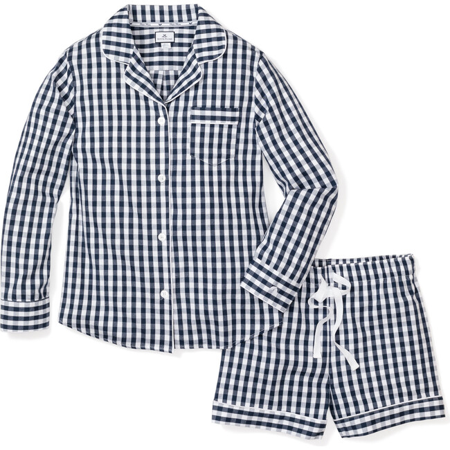Women's Long Sleeve Short Set, Navy Gingham