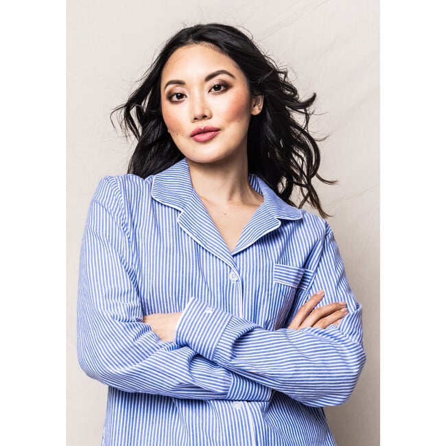 Women's Long Sleeve Short Set, French Blue Stripes - Pajamas - 3