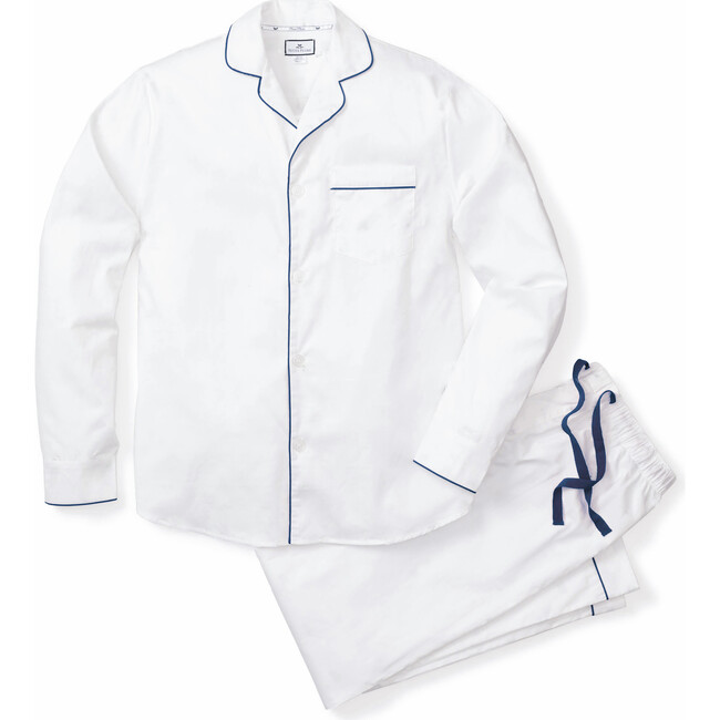 Men's Twill Pajama Set, White with Navy Piping