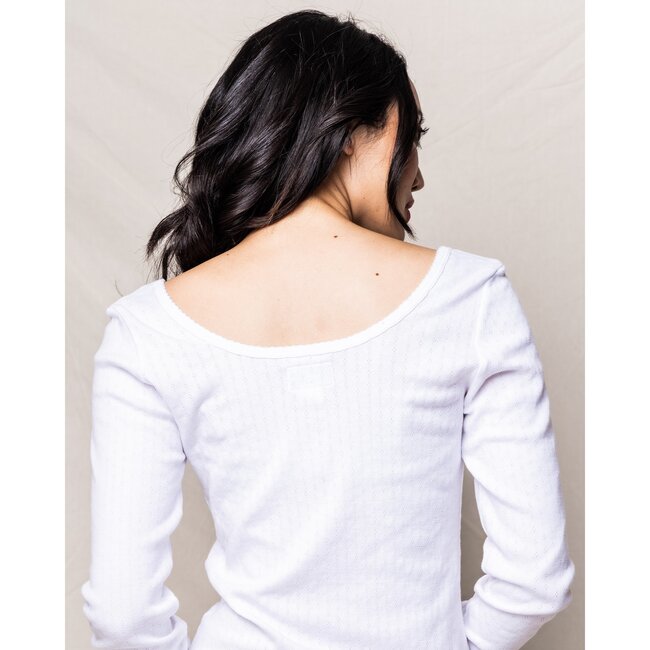 Women's Long Sleeve Pointelle Top, White - Loungewear - 5