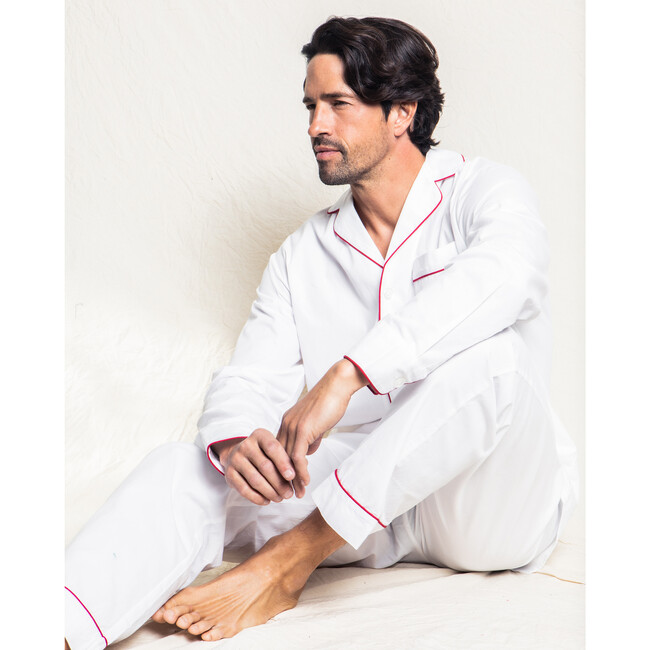 Men's Classic Twill Pajama Set, White with Red Piping