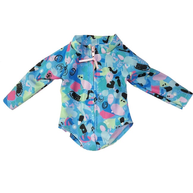 Colorful Collage Print Long Sleeve Rash Guard Swimsuit for 18" Dolls, Blue