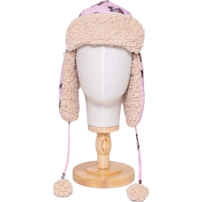 The Cozy Trapper Hat ,Teddy Bears Print with Irish Cream Sherpa Liner & Pompoms