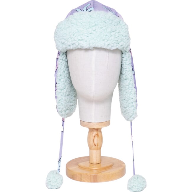 The Cozy Trapper Hat, Bows Print with Pale Aqua Sherpa Liner & Pompoms - Hats - 1