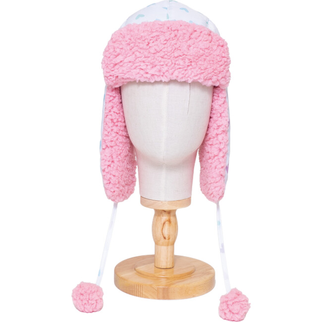 The Cozy Trapper Hat,Hearts Print with Cosmos Pink Sherpa Liner & Pompoms