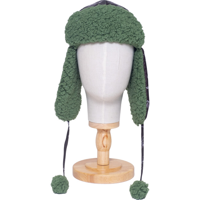 The Cozy Trapper Hat,Dino Bones Print with Katydid Green Sherpa Liner & Pompoms