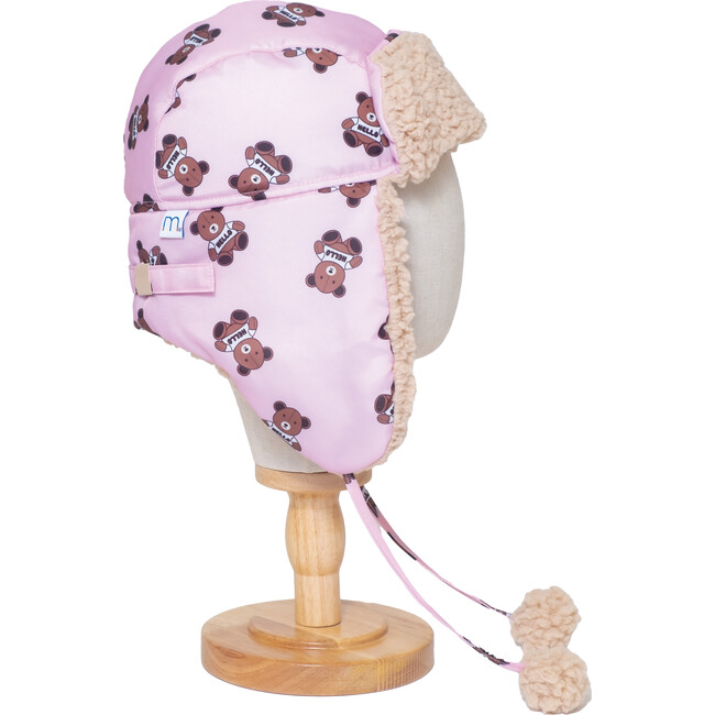 The Cozy Trapper Hat ,Teddy Bears Print with Irish Cream Sherpa Liner & Pompoms