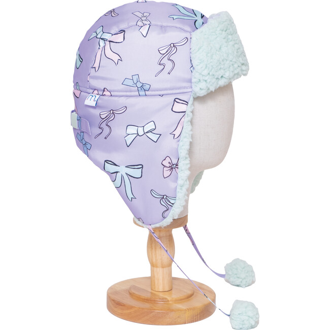 The Cozy Trapper Hat, Bows Print with Pale Aqua Sherpa Liner & Pompoms - Hats - 2